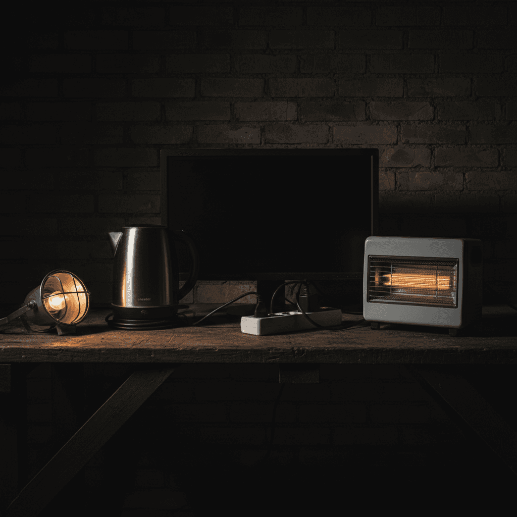 Assortment of common electrical appliances on a workshop bench awaiting testing