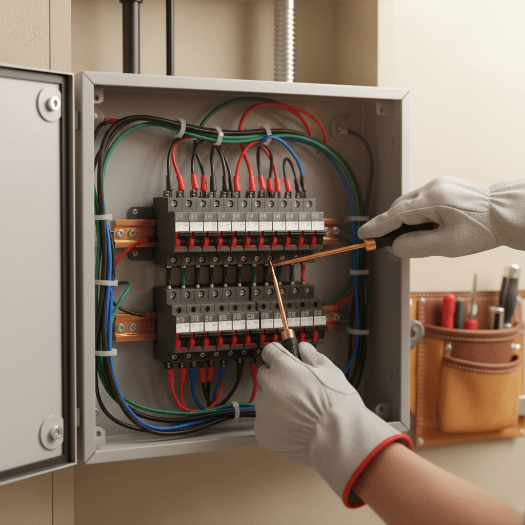 Electrician testing a circuit breaker panel with a multimeter