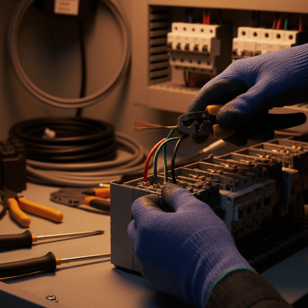 Electrician's hands carefully connecting colored copper wires into an electrical distribution panel with precision and focus