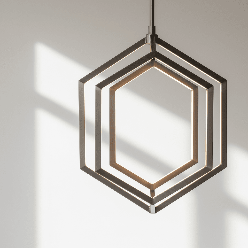 Close-up of modern pendant light fixture with geometric design and brushed metal finish against neutral background