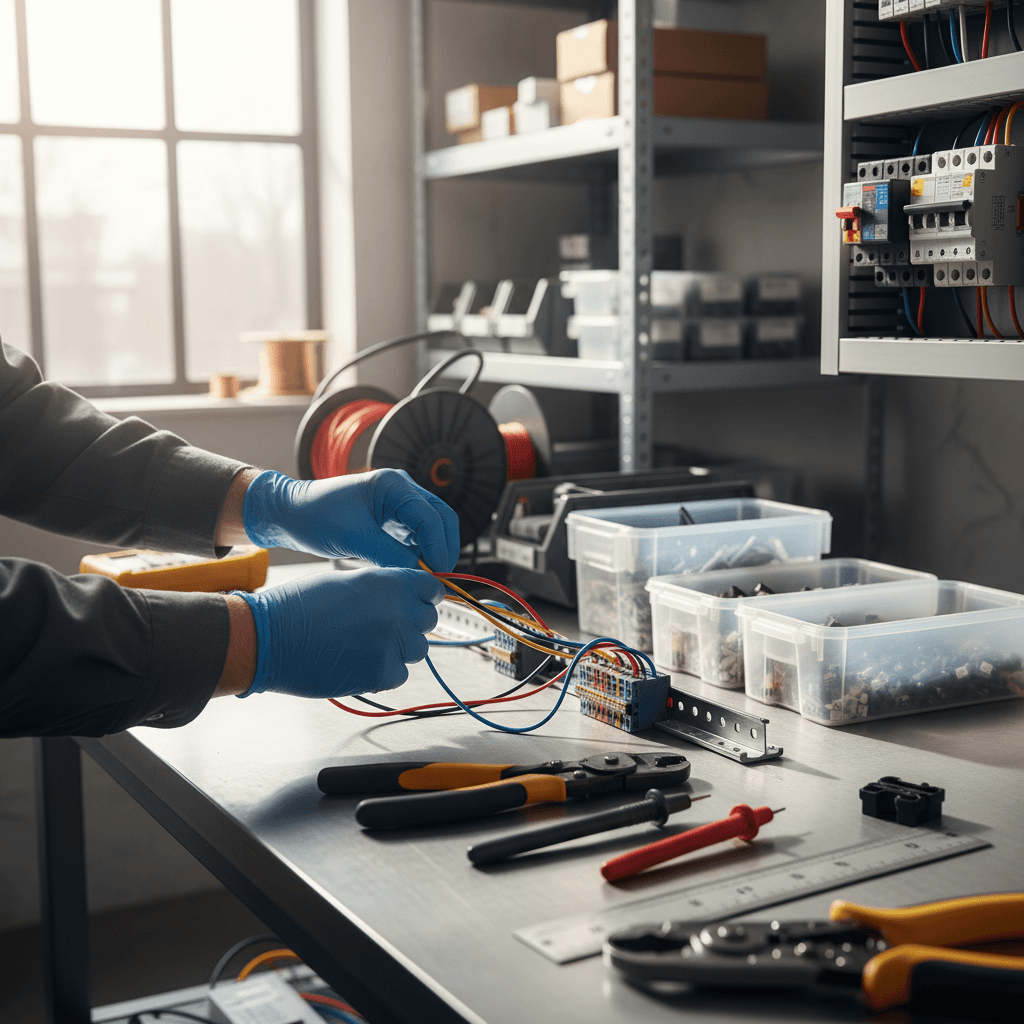 Electrician's hands working on a circuit breaker