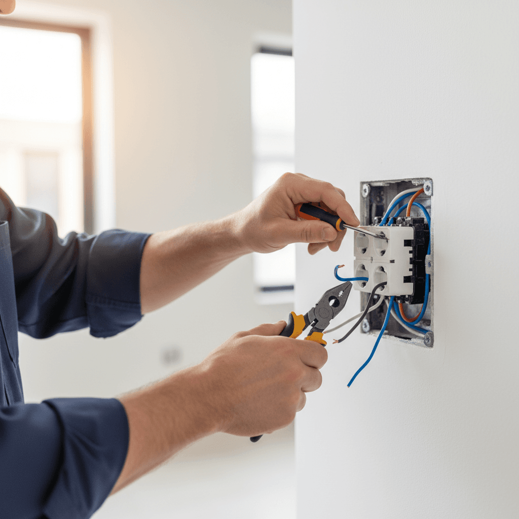 Electrician working on a socket outlet in a living room