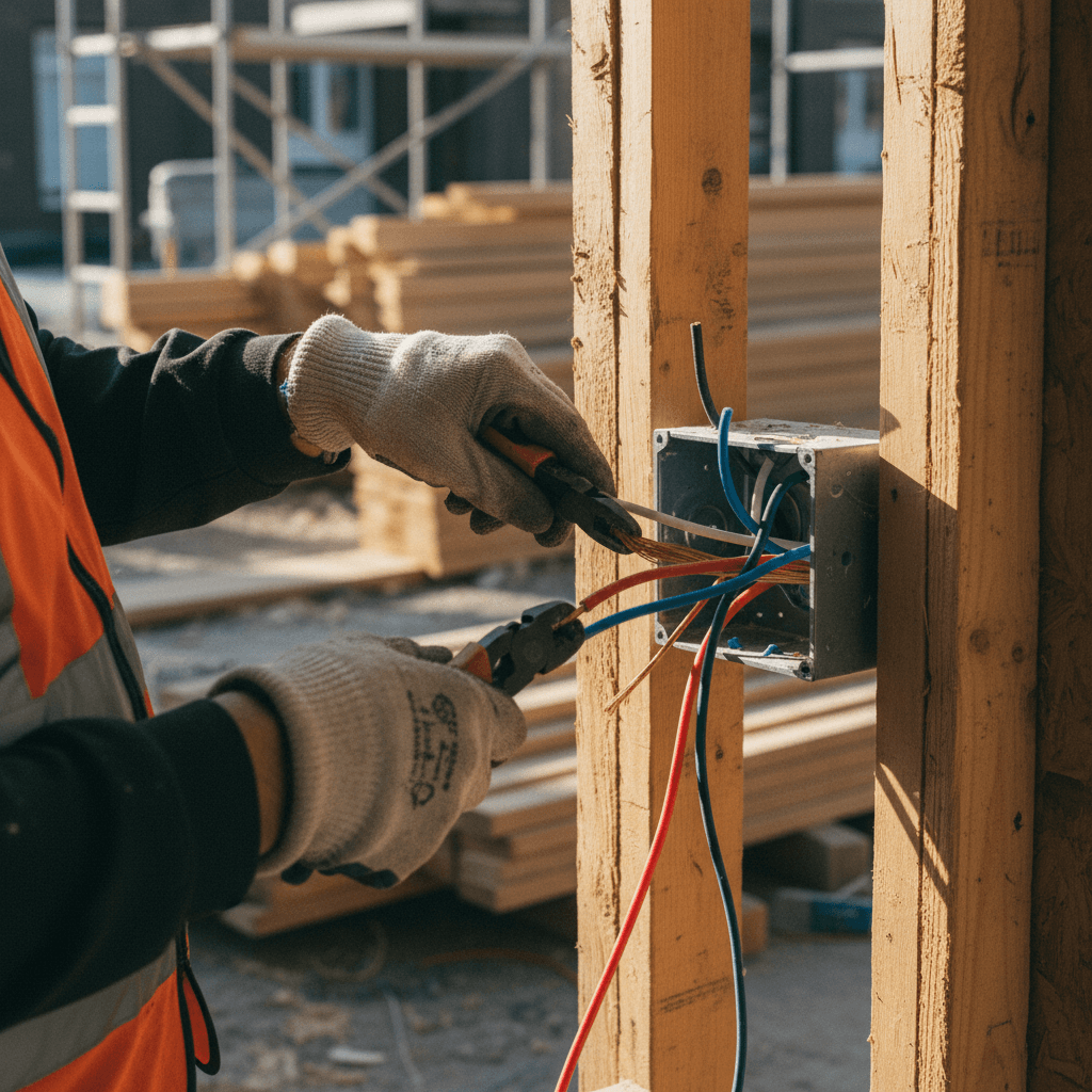 Electrician's hands installing wiring in junction box at construction site with natural light and safety gear