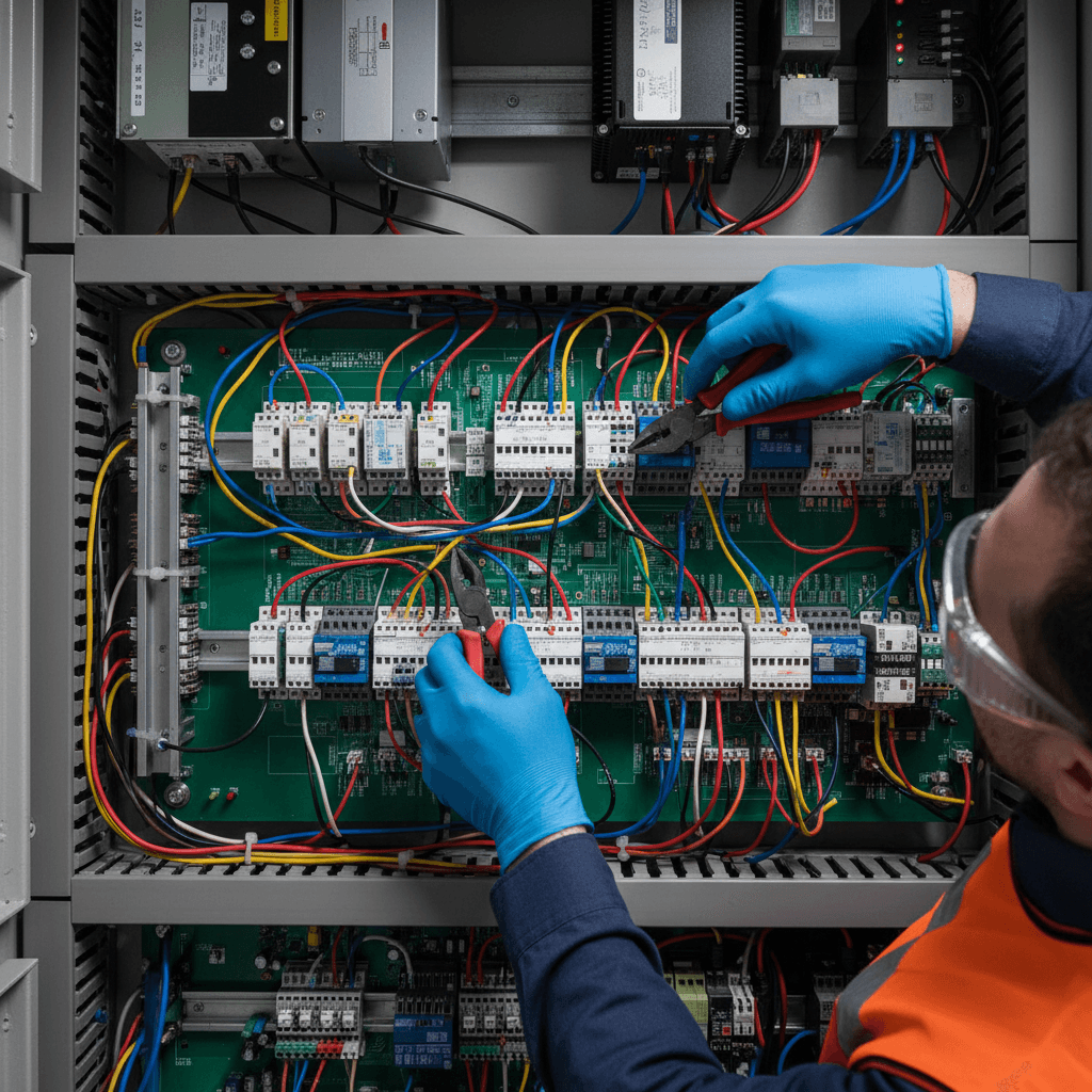 Electrician working on an electrical panel in Burwell