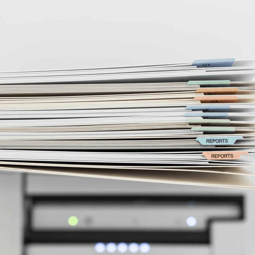 Overhead close-up of layered documents with color-coded tabs showing document scanning and organization workflow