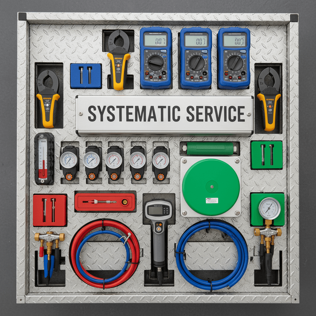 Organized overhead view of professional diagnostic tools and testing equipment on technician workbench